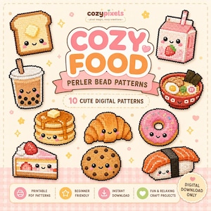 Könnte beinhalten: Eine digitale Sammlung von 10 niedlichen Bügelperlen-Mustern zum Thema Essen mit dem Titel COZY FOOD. Das Bild zeigt Pixel-Art-Designs von Toast, Erdbeermilch, Bubble Tea, Ramen, Pfannkuchen, Croissant, Donut, Kuchen, Keks und Sushi.