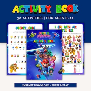 Könnte beinhalten: Ein Mario Galaxy-Aktivitätenbuch mit 30 Aktivitäten für Kinder von 6 bis 12 Jahren. Das Cover zeigt Mario, Bowser und andere Charaktere im Weltraum. Zwei Innenseiten sind sichtbar, betitelt mit Secret Code und I Spy With My Little Eye.