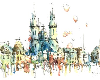 Prague Old Town Square, Architectural sketch in watercolor and ink - 8.5"x5.5" print