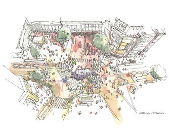 Shibuya Crossing- Architectural sketch in watercolor and ink - 8.5"x5.5" print