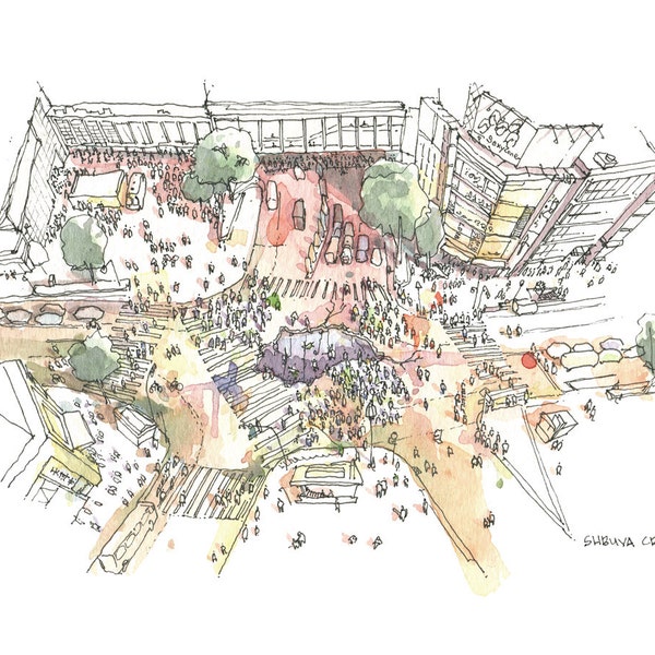 Shibuya Crossing- Architectural sketch in watercolor and ink - 8.5"x5.5" print