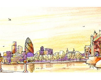 Good Evening London, Architectural sketch in watercolor and ink - 14x5 print