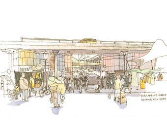 Portabello Market - Architectural sketch in watercolor and ink - 8.5"x5.5" print