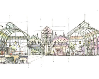 Covent Garden Market , Architectural sketch in watercolor and ink - 14x5 print
