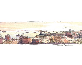 Istanbul Balcony, Architectural sketch in watercolor and ink - 8.5"x5.5" print