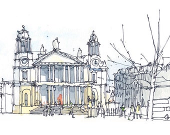 St. Paul's Cathedral, Architectural sketch in watercolor and ink - 14x5 print