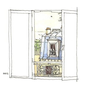 Good Morning Paris Architectural sketch in watercolor and ink 8.5x5.5 print image 1