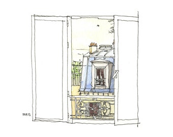 Good Morning Paris- Architectural sketch in watercolor and ink - 8.5"x5.5" print