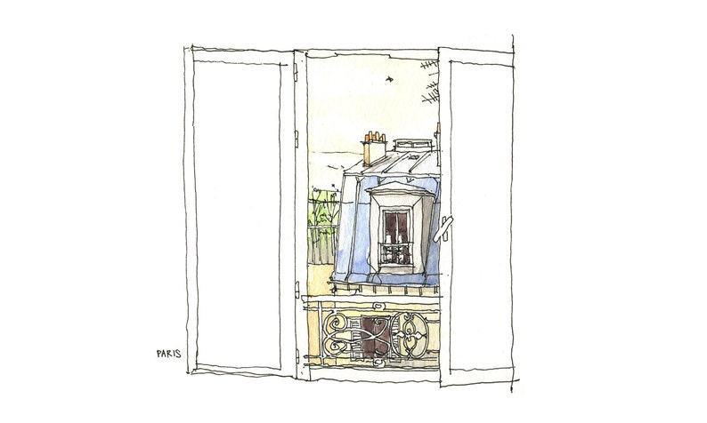 Good Morning Paris Architectural sketch in watercolor and ink 8.5x5.5 print image 1
