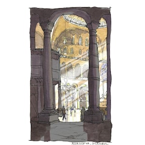 May include: A watercolor painting of the interior of the Hagia Sophia in Istanbul, Turkey. The painting shows the large dome and the many columns that support it. The painting is done in a realistic style and captures the beauty of the building.