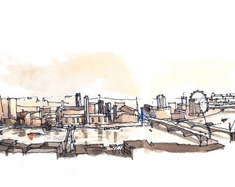 River Thames, Architectural sketch in watercolor and ink - 14x5 print