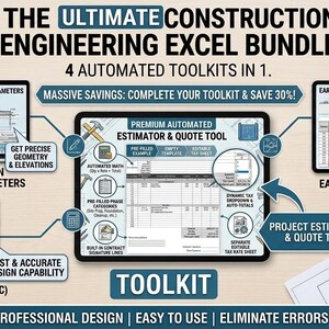 May include: An advertisement for an engineering Excel bundle. The image shows a laptop, tablet, and smartphone displaying engineering tools. The text reads "The Ultimate Construction Engineering Excel Bundle" and highlights features like automated toolkits and project estimating.