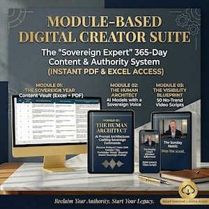 Może przedstawiać: Reklama pakietu dla twórców cyfrowych. Obraz przedstawia komputer stacjonarny, tablet i smartfon wyświetlające moduły treści. Tekst zawiera "Module-Based Digital Creator Suite" i "The Sovereign Expert 365-Day Content & Authority System."