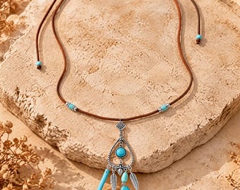 Boho Dreamcatcher Necklace for Women, Turquoise Blue Feather Pendant, Adjustable Cord Jewelry, Western Cowgirl Gift, Christmas Gift for Her