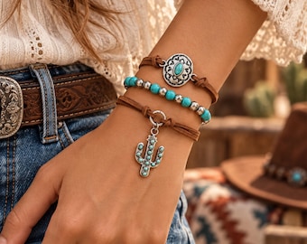 Cowgirl-Armbandset für Damen, Western-Schmuck mit Kaktusanhänger, Boho-Armbänder mit türkisfarbenen Perlen, Accessoire für Country-Konzerte, Geschenkidee für Sie