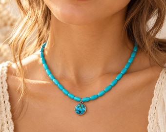 Turquoise Beaded Necklace for Women, Boho Round Pendant Necklace, Blue Statement Jewelry, Christmas Birthday Gift for Her