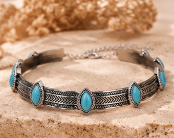 Turquoise Choker Necklace, Boho Western Statement Jewelry, Vintage Alloy Collar Necklace, Southwest Style Gift for Her