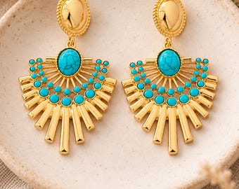Turquoise Statement Earrings, Gold Boho Dangle Earrings, Western Drop Jewelry for Women, Birthday Christmas Gift for Her