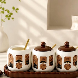Cat Figurine Ceramic Spice Jar with Spoon, Whimsical Pepper Salt Cellar Lid, Unique Housewarming Gift for Cat Lover