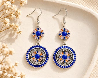 Kleurrijke mandala-oorbellen, boho-oorbellen van legering voor vrouwen, statement-sieraden met bloemenmotief, kerstcadeau voor haar