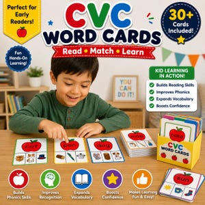 May include: A set of CVC word cards featuring colorful apple-shaped illustrations with text. The cards include words like cat, pen, dog, cake, and sun, paired with matching images. A yellow storage box holds the cards, which are designed for early reading.