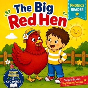 May include: A children's phonics reader book cover titled The Big Red Hen. The illustration features a large red hen wearing a straw hat with a white flower, standing next to a smiling child in a yellow striped shirt and blue jeans.
