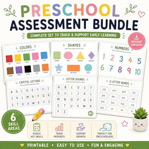 May include: A preschool assessment bundle featuring six educational sheets with colors, shapes, numbers, capital letters, letter sounds, and three-letter words. The set includes a yellow pencil graphic and a small potted succulent with a face.