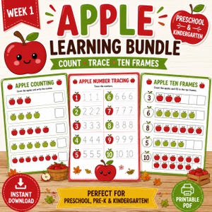 Puede incluir: Un conjunto de hojas de trabajo educativas Apple Learning Bundle con tres páginas tituladas Apple Counting, Apple Number Tracing y Apple Ten Frames. Las páginas incluyen ilustraciones de manzanas rojas y verdes, ejercicios de trazo y cuadrículas.