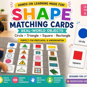 May include: A set of shape matching cards featuring real-world objects like a circle, triangle, square, and rectangle. The cards display colourful illustrations of items such as a clock, pizza, gift, and book, with text labels for each shape.