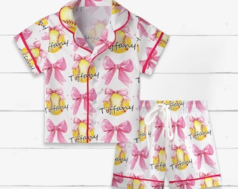 Personalized Softball Pajama Set for Girls, Custom Name Satin PJs, Pink Bow Softball Sleepwear, Cute Team Gift, Kids Button Up Pajamas
