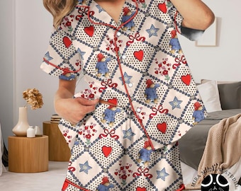 Conjunto de pijama de satén con estampado de corazones del Oso Paddington – Pijama de manga corta para mujer