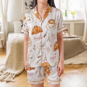 Croissant Pajamas Set, Paris Cafe Silk PJ Set, Cute Coffee Short Sleeve Sleepwear, French Bonjour Button Up Loungewear Gift For Her