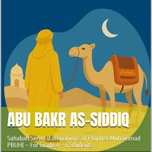 May include: An illustrated book cover featuring a desert scene with a camel and a figure in yellow robes. The title "ABU BAKR AS-SIDDIQ" is prominently displayed, with the author's name "QAZI ANAS" at the bottom. The background is a gradient of blue and green.