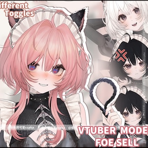Könnte beinhalten: Eine digitale Charakterillustration mit einer rosa-haarigen Figur in einem schwarzen Dienstmädchen-Outfit mit weißer Rüschenhaube und Katzenohren. Das Bild enthält den Text Different Toggles und VTUBER MODEL FOE SELL sowie weitere Varianten.