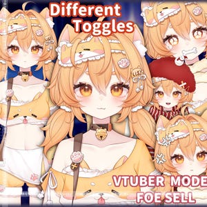 Op de afbeelding: Een digitaal anime-stijl karaktermodel met licht oranje haar, katachtige oren en amberkleurige ogen. Het karakter draagt een geel topje met een hondengezicht-afbeelding, een halsband met belletje en diverse accessoires. Tekst: Different Toggles en VTUBER MODEL FOE SELL.