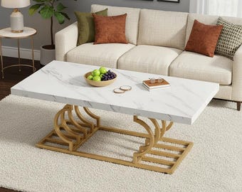 Modern Faux Marble Coffee Table, Gold Geometric Frame Cocktail Table Living Room Furniture