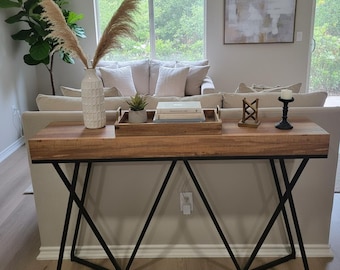 Farmhouse Console Table: Rustic Wood, Industrial Metal Base, Narrow Hallway Furniture