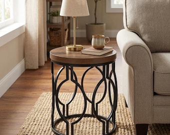 Industrial Round End Table: Rustic Brown Wood, Black Metal Frame Nightstand