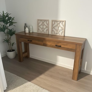 Farmhouse Console Table with Drawers – Rustic Light Brown Entryway Sofa Table
