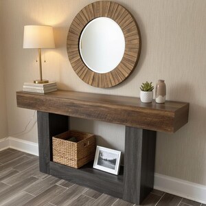May include: A wooden console table with a dark brown top and gray base, featuring a round mirror with a sunburst frame. A lamp, books, and decorative items sit on the table. A woven basket and framed photo are on the shelf below.