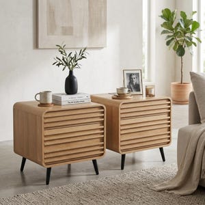 Modern Fluted Nightstand Set Of 2 Charging End Tables With Drawers Bedroom Storage