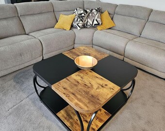 Square Coffee Table: Rustic Brown, Black Metal Frame, 2-Tier Storage Shelf Modern Center Table