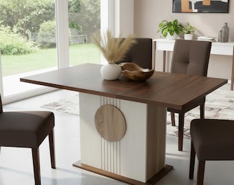 Farmhouse Dining Table: Oak Brown Wood, White Base, Modern Rustic Furniture