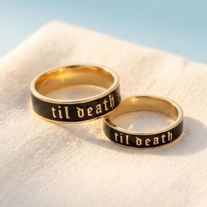 Til Death Enamel Sterling Silver Ring Set, Promise Band, 6mm Wide for Men or 4mm Wide for Women, Matching Couple Rings, Anniversary Jewelry