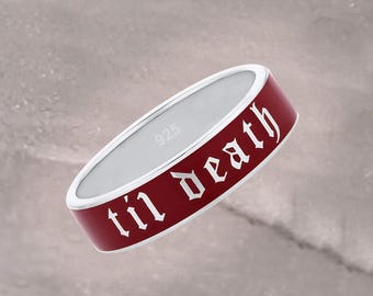 6 mm rode emaille band "Til Death", 925 sterlingzilveren gotische trouwring, beloftering voor hem en haar