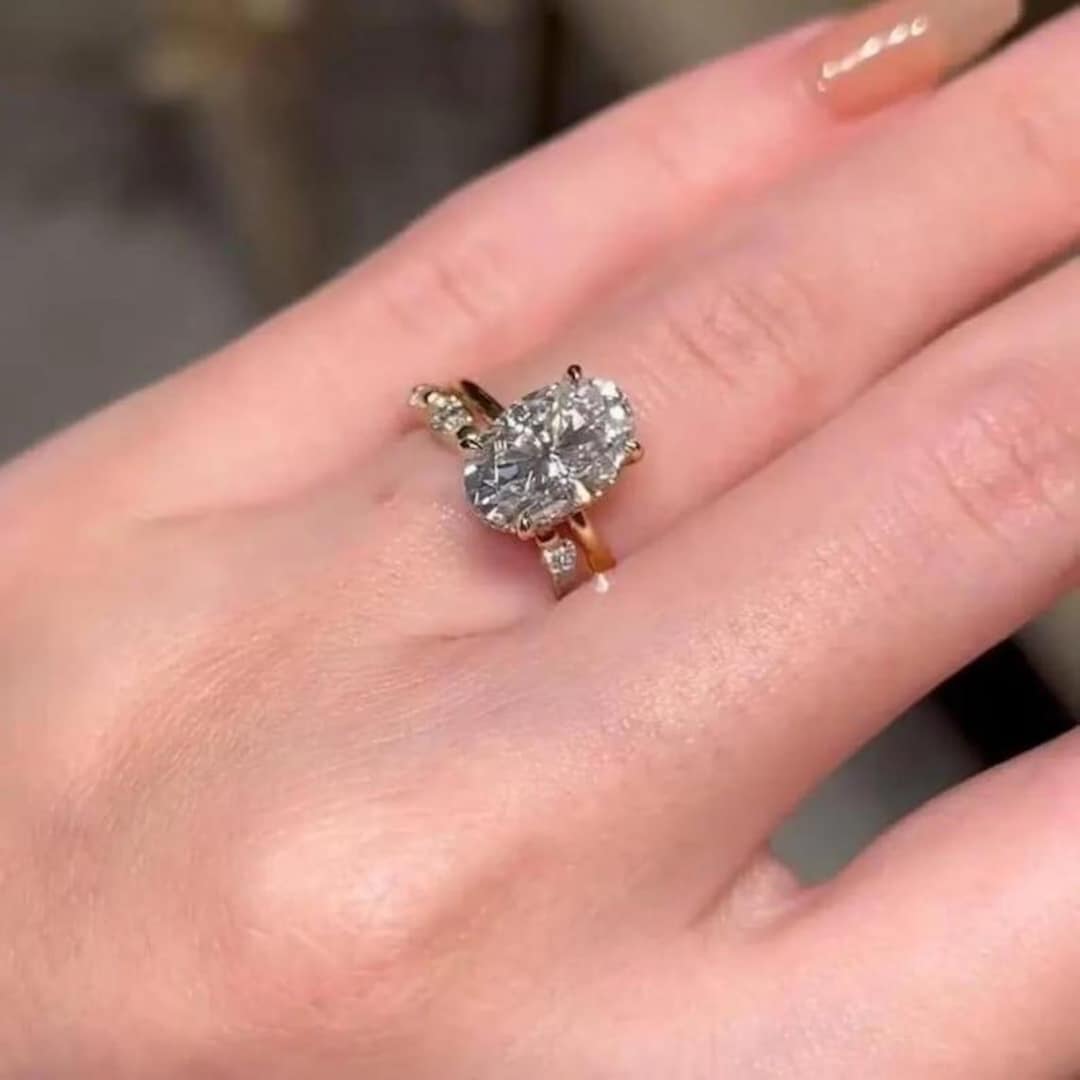 3CT Oval Cut Moissanite Engagement Ring, 14K Yellow Gold Bridal Set ...
