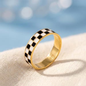 6mm Checkerboard Enamel Band Ring, Sterling Silver Geometric Chess Pattern