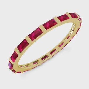 Baguette Cut Ruby Eternity Band, Yellow Gold Plated Stacking Ring, Minimalist Wedding Band, July Birthstone Gift for Her