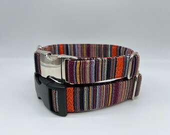 Colorful striped ethnic-style dog collar, adjustable, with click closure