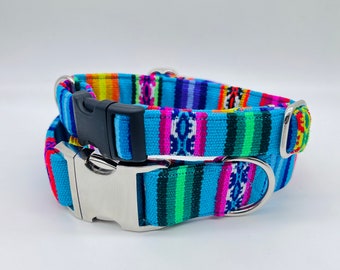 Colorful striped dog collar PERU Ethno, adjustable, click closure * turquoise